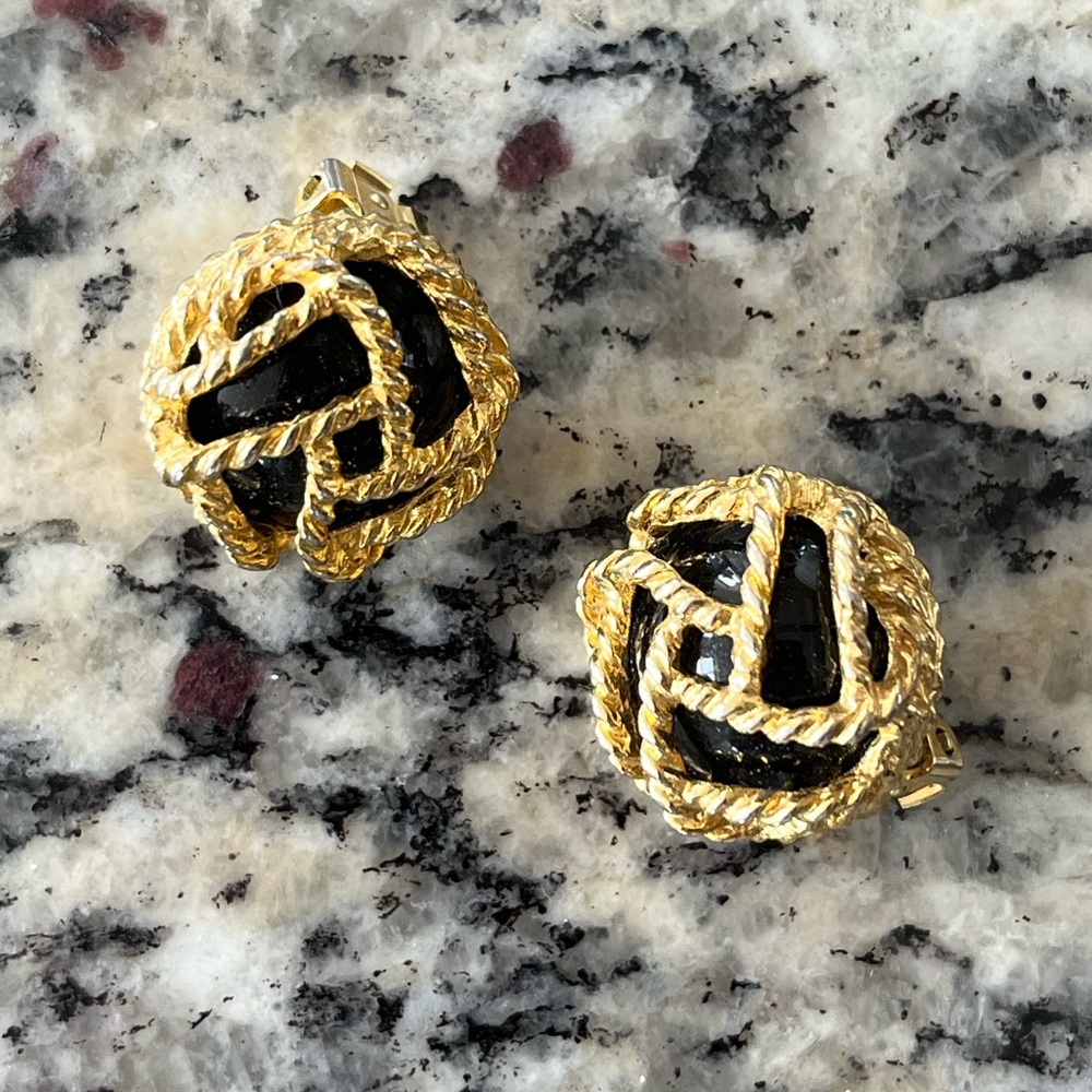 Vintage 1980’s Gucci Black Cabochon and Gold Caged Earrings